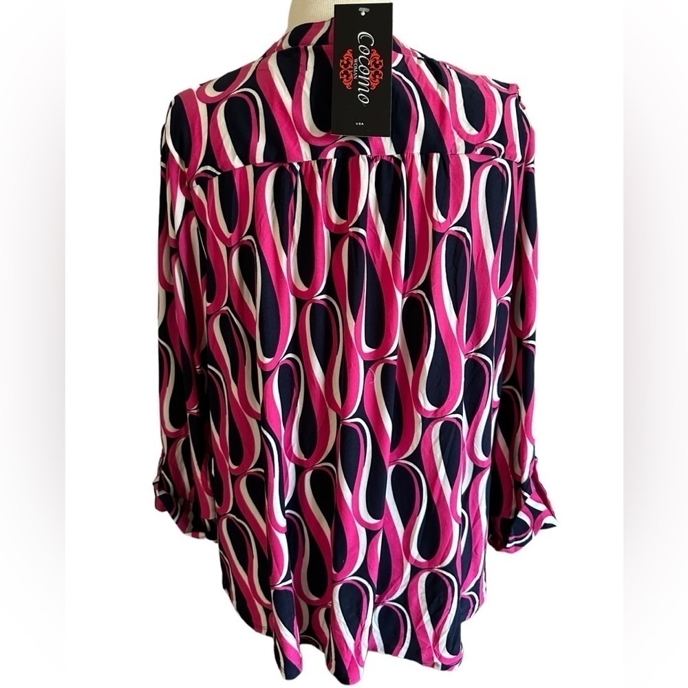 COCOMO 3X Navy Blue Pink Plus Size 3/4 sleeve women's Pintuck Blouse top s… - Picture 2 of 11